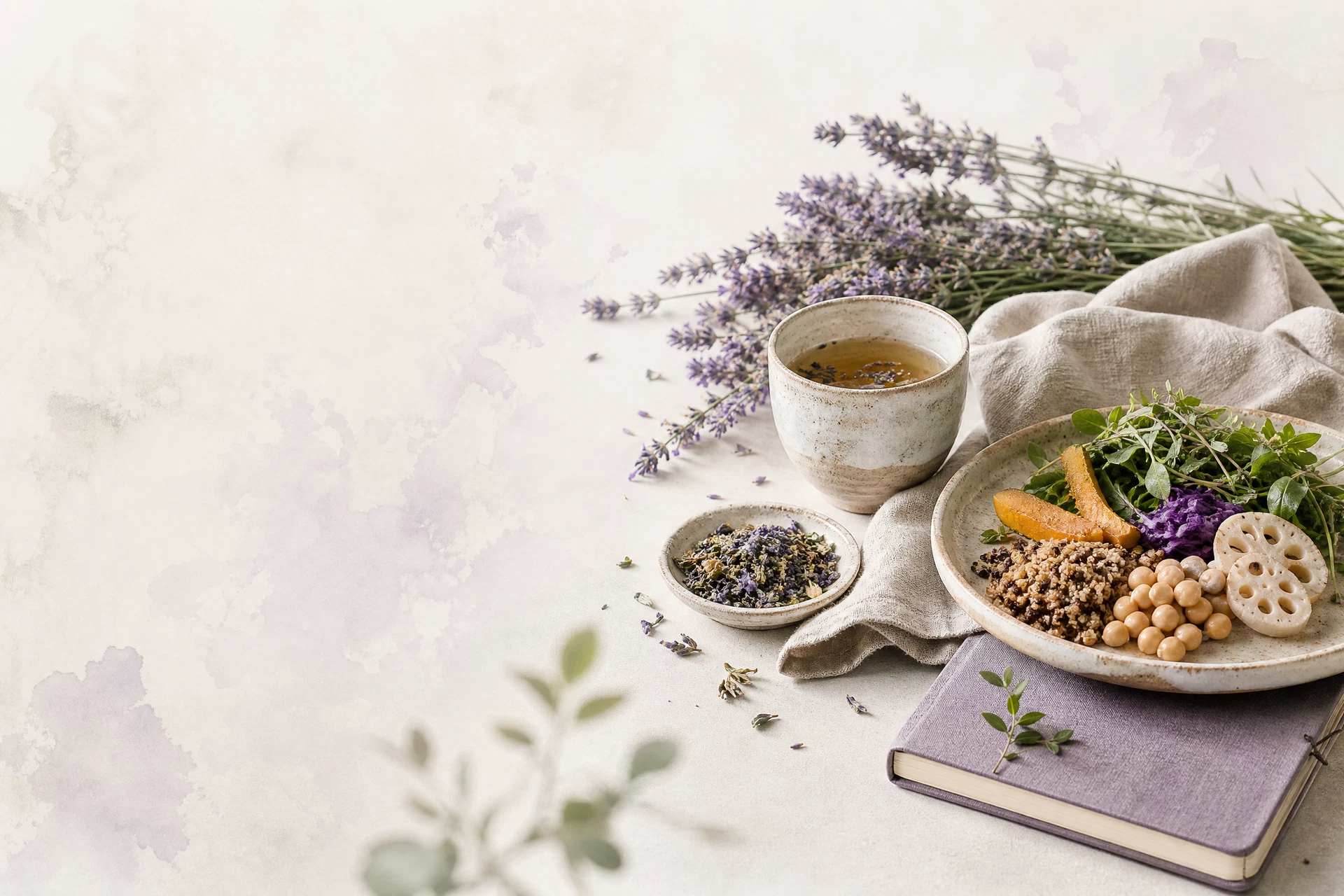 薰衣草、花草茶與均衡餐盤的蕪菁健康示意畫面